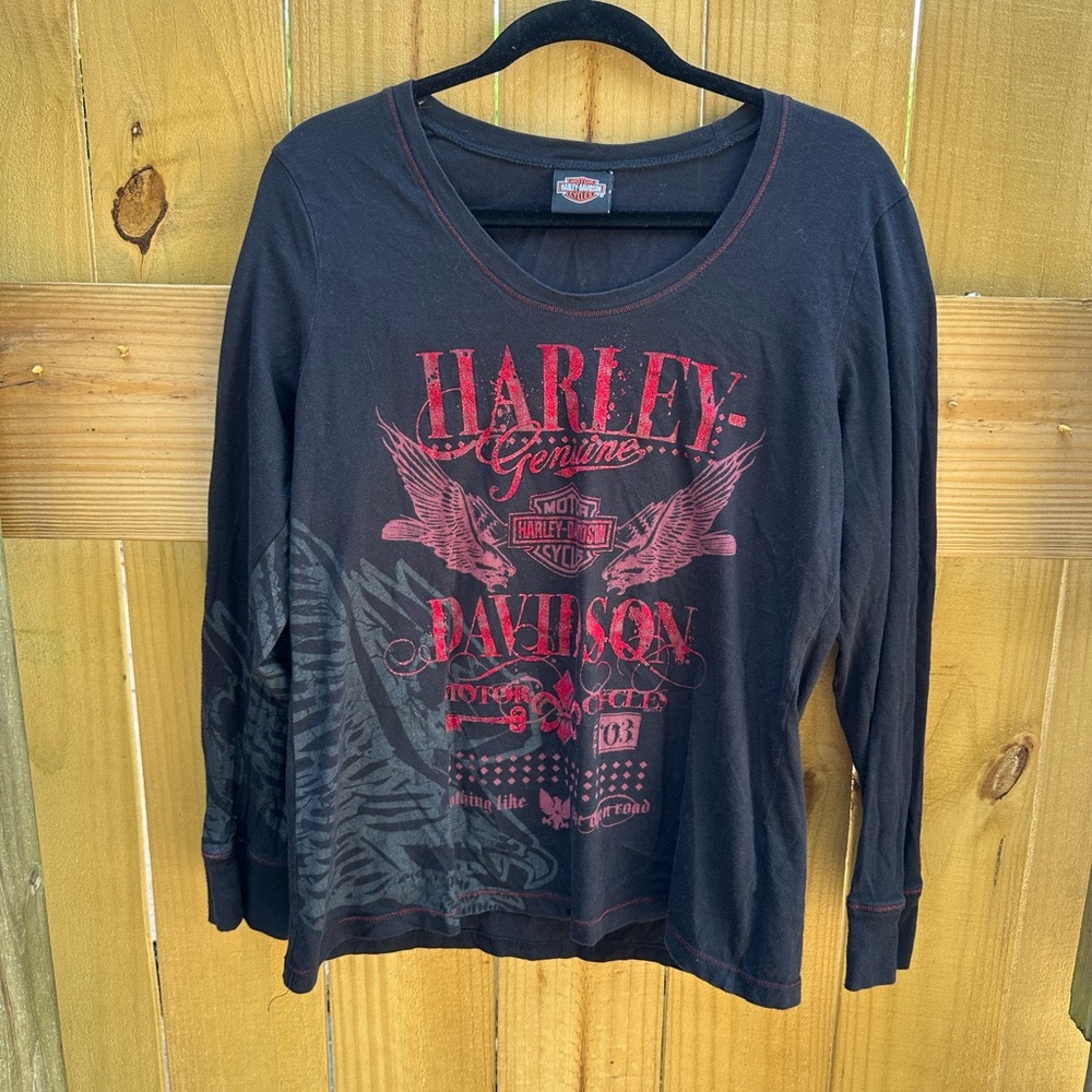 Harley-Davidson Long Sleeve Black Riding Shirt with Red Accents and Stitching